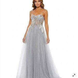 GB Gray Tulle Ball Gown prom dress with Gold Embellishment